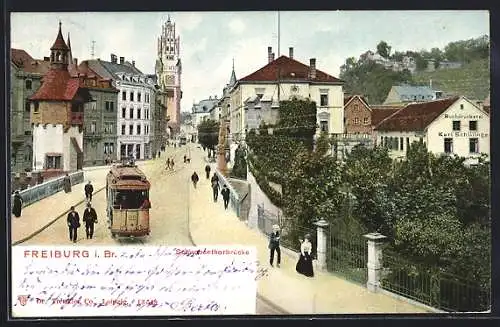 AK Freiburg, Schwabentorbrücke mit Strassenbahn & Schwabentor