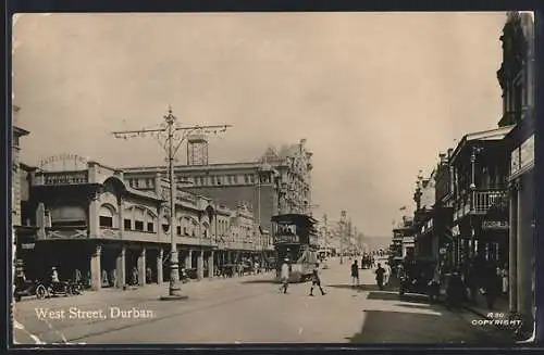 AK Durban, West Street, Strassenbahn Doppeldecker, Geschäftsfassaden