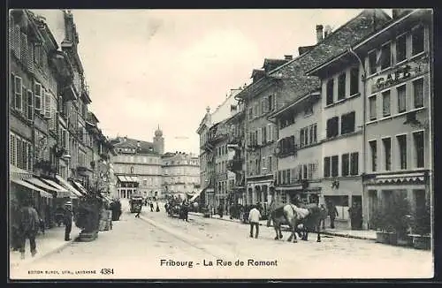 AK Fribourg, La rue de Romont, Strassenpartie mit Strassenbahn