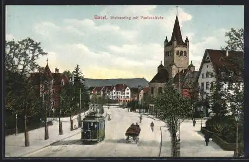 AK Basel, Strasse Steinenring mit Strassenbahn und Pauluskirche