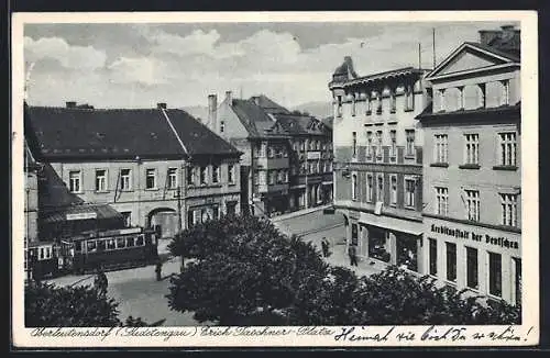 AK Oberleutensdorf / Litvinov, Erich-Taschner-Platz, Strassenbahn