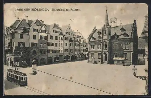 AK Pforzheim-Brötzingen, Marktplatz mit Rathaus und Strassenbahn