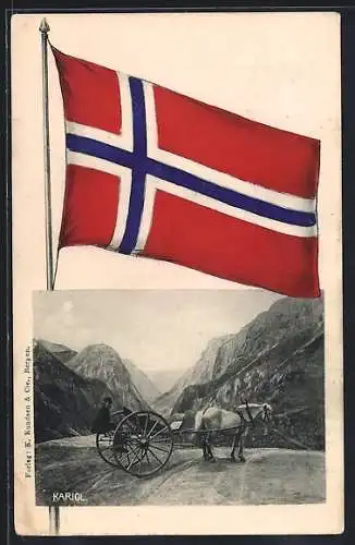 AK Mann mit Kariol- Pferdegespann vor norwegischer Bergkulisse, Flagge