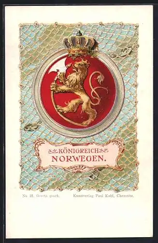 AK Norwegen, Königliches Wappen mit Löwen und Krone, gerahmte Ansicht