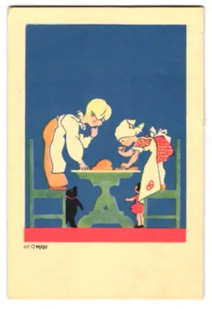 Mini-AK Junge und Mädchen naschen vom Teig