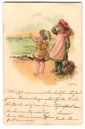 Mini-AK Mädchen mit ihrem kleinen Bruder am Strand