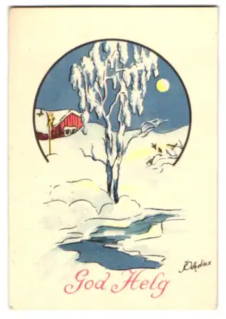 Mini-AK Ein verschneiter Baum an einem Bach