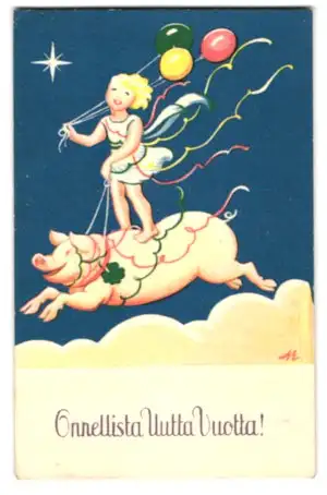 Mini-AK Ein Mädchen reitet auf einem fliegenden Schwein