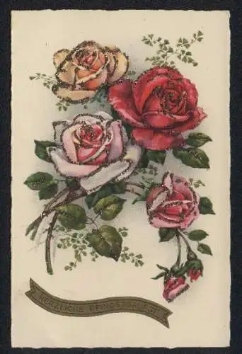 Glitzer-Perl-AK Pfingstgrüsse und Rosenstrauss mit Glitzer-Perlen