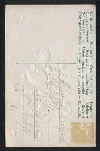 Glitzer-Perl-AK Neujahrsgruss und Rosen verziert mit Glitzer-Perlen