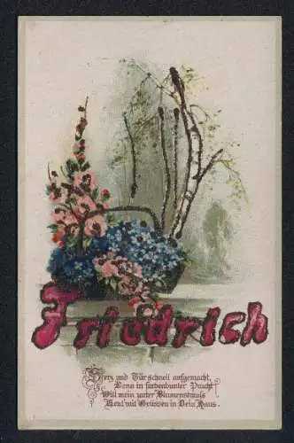 Glitzer-Perl-AK Schriftzug Friedrich und Blumenkorb mit Glitzer-Perlen