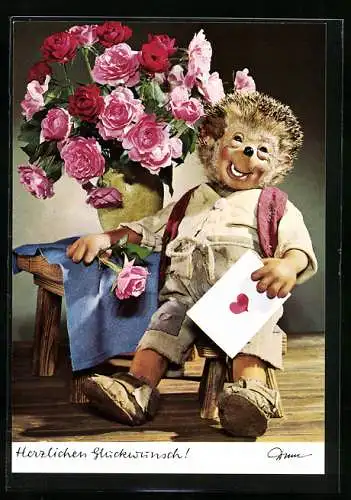 AK Mecki mit Geburtstags-Blumenstrauss