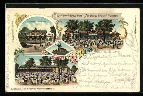 Lithographie Wien, Wiener Prater, Gasthaus zum braunen Hirschen v. J. Parzer mit Gartenlokal, Eingang v. d. Hauptallee