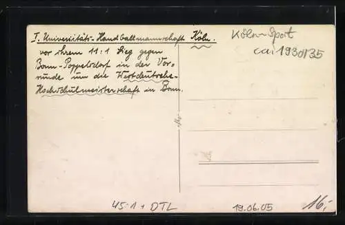 Foto-AK Köln, Universitäts-Handballmannschaft vor ihrem 11:1-Sieg gegen Bonn-Poppelsdorf