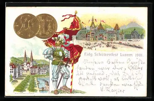 Lithographie Luzern, Eidgenössisches Schützenfest 1901, Flaggenträger, Münzen