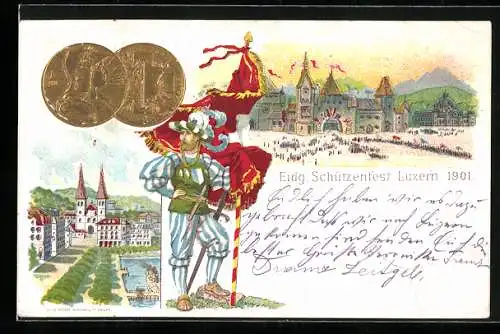 Lithographie Luzern, Eidgenössisches Schützenfest 1901, Flaggenträger, Münzen