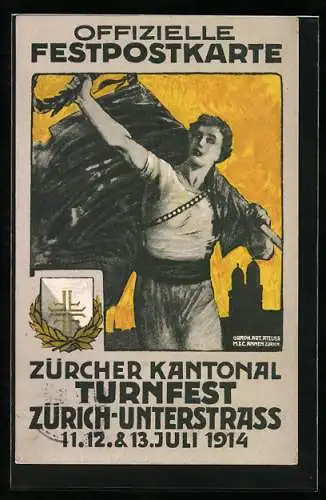 Künstler-AK Zürich-Unterstrass, Zürcher Kantonal-Turnfest 1914, Turnerin mit Sieges-Lorbeer