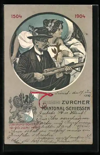 AK Zürich, Zürcher Kantonal-Schiessen im Juni 1904, Jubiläum, 1504-1904, Schütze mit Gewehr