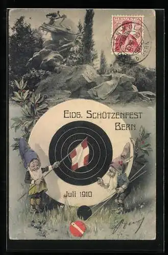 Künstler-AK Bern, Eidg. Schützenfest 1910, Zwerge mit Zielscheibe