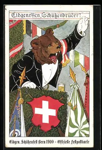 Künstler-AK Bern, Eidgenössisches Schützenfest 1910, vermenschlichter Bär in Anzug hält Rede