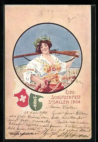 AK St. Gallen, Eidg. Schützenfest 1904, Maid mit Flinte