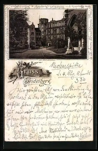 Vorläufer-Lithographie Heidelberg, 1892, Blick in den verlassenen Schlosshof