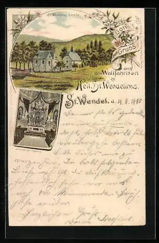 Vorläufer-Lithographie St. Wendel, 1895, St. Wendelinus-Kapelle, Innen- und Aussenansicht