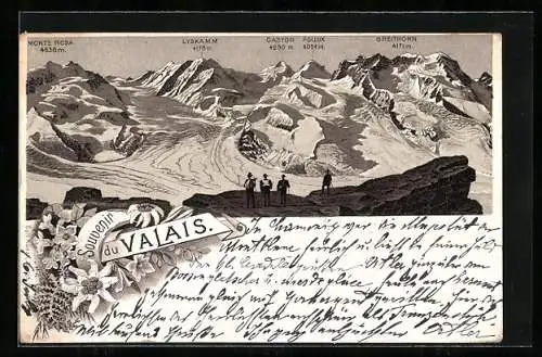 Vorläufer-Lithographie Zermatt, 1895, Hochalpen-Panorama mit Gletscher, Monte Rosa, Lyskamm und Breithorn