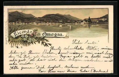 Lithographie Omegna, Stadtpanorama mit See und Bergen