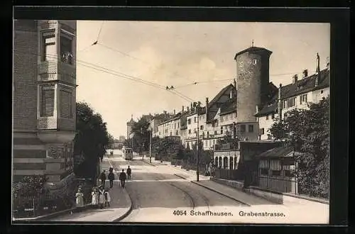 AK Schaffhausen Strassenbahn in der Grabenstrasse