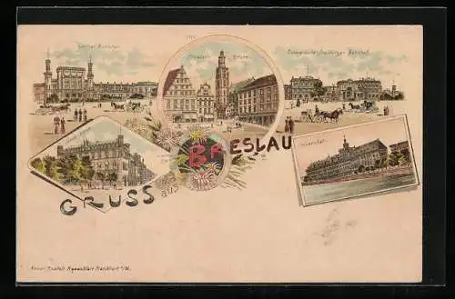 Lithographie Breslau, Neue Börse, Central-Bahnhof, Universität, Schweidnitz-Freiburger-Bahnhof