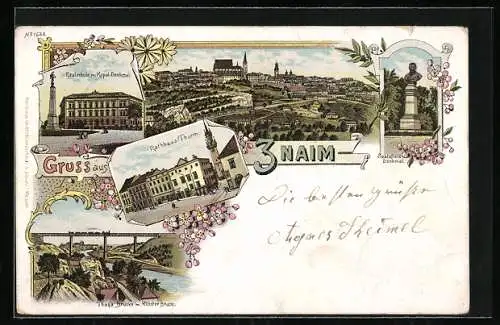 Lithographie Znaim, Realschule m. Kopol-Denkmal, Rathhaus-Turm, Thaya-Denkmal, Sealfields-Denkmal