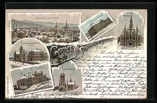 Lithographie Reichenberg, Lehr- und Erziehungsanstalt der Ursulinen, K. k. Staastgewerbeschule, Rathaus