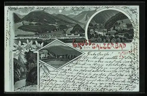 Mondschein-Lithographie Kleinzell /N.-Oe., Salzerbad, Schwimmschule, Kleinzell und Hohe Brücke mit roter Mauer