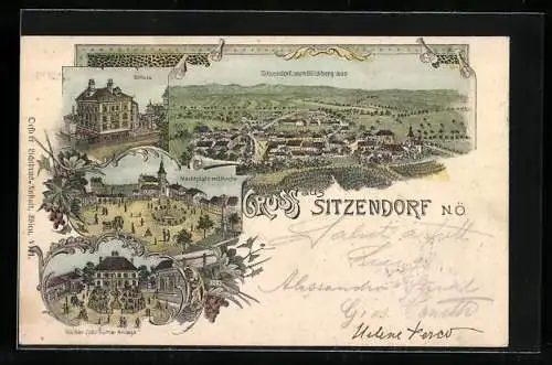 Lithographie Sitzendorf /N.-Ö., Kaiser Jubiläums-Anlage, Schule, Marktplatz mit Kirche