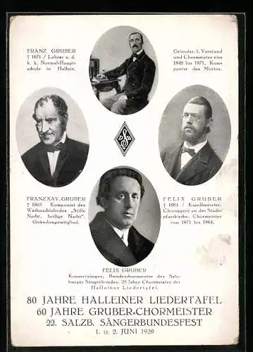 AK Salzburg, 22. Salzb. Sängerbundesfest 1929, Portraits Felix und Franz Gruber