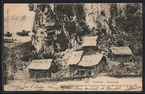 AK Haiphong / Tonkin, Habitations de Pecheurs dans les Rochers de la Cac-Ba, Fischerhütten