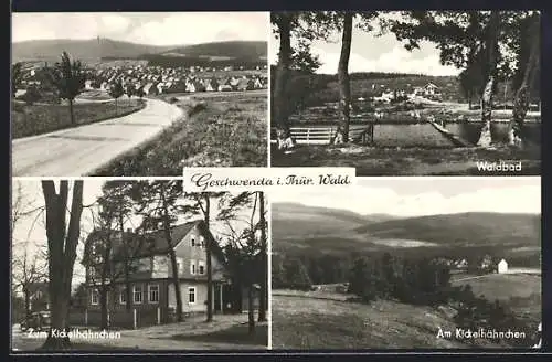 AK Geschwenda, Panoramaansicht, Waldbad, Gasthaus Zum Kickelhähnchen