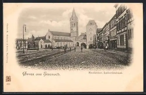 AK Eisenach, Strasse am Nicolaithor, Lutherdenkmal