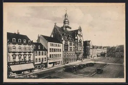 AK Werdau i. Sa., Markt mit Geschäften und Rathaus