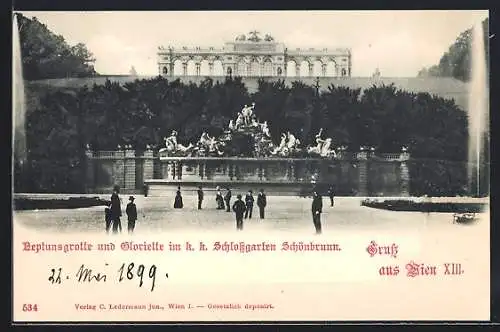 AK Wien, Neptunsgrotte und Gloriette im k. k. Schlossgarten Schönbrunn