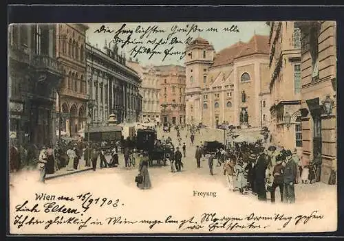 AK Wien, Freyung mit Schottenkirche in der Altstadt, Strassenpartie