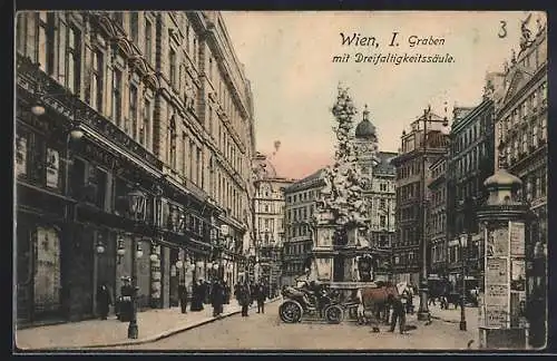 AK Wien, Graben mit Dreifaltigkeitssäule, Litfasssäule, Pferdekutsche