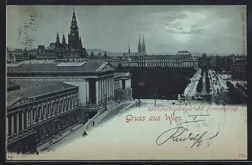 Mondschein-AK Wien, Reichsratsgebäude und Franzensring mit Kirche