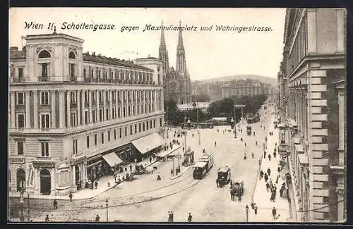 AK Wien, Schottengasse mit Strassenbahn gegen Maximilianplatz und Währingerstrasse