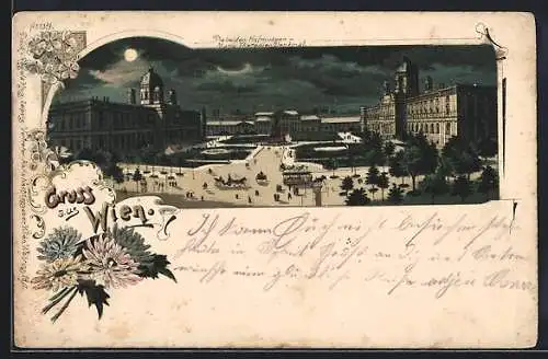 Lithographie Wien II, die beiden Hofmuseen, Maria Theresia-Denkmal