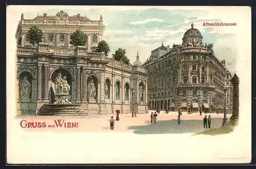 Lithographie Wien, Albrechtsplatz, Blick auf den Albrechtsbrunnen