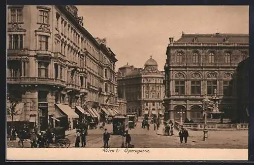 AK Wien, Oper, eine Strassenbahn in der Operngasse