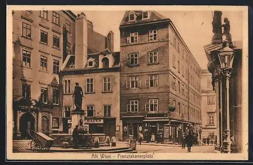 AK Wien, Franziskanerplatz mit Brunnen und Geschäften