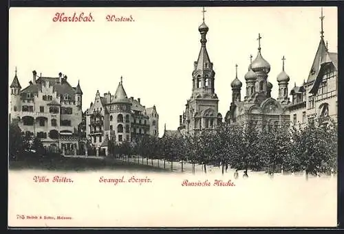 AK Karlsbad, Villa Ritter, russische Kirche und evangelisches Hospiz